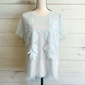 ❌SOLD❌NWOT Simply Vera Blue Mesh Floral Top